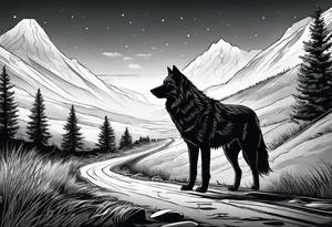 Lone wolf on a path or road. A pack of animals on the opposite end of road. tattoo idea