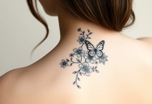 Delicate, simple floral spine tattoo with butterflies tattoo idea