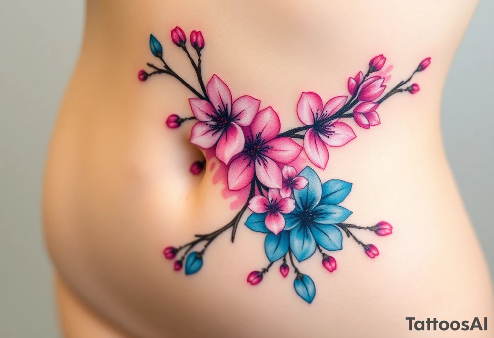 Cherry blossom flowers in an abstract design on my ribcage going all the way down to my thigh tattoo idea