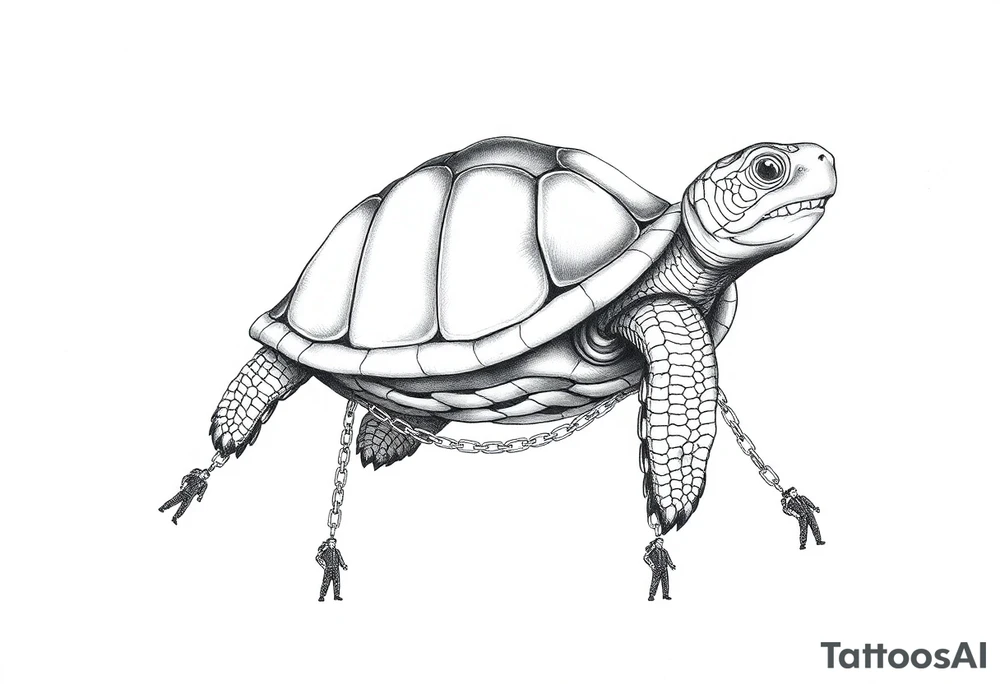 I giant turtle with chains around its legs with tiny men at the endss of it tattoo idea
