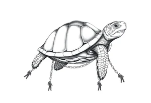 I giant turtle with chains around its legs with tiny men at the endss of it tattoo idea