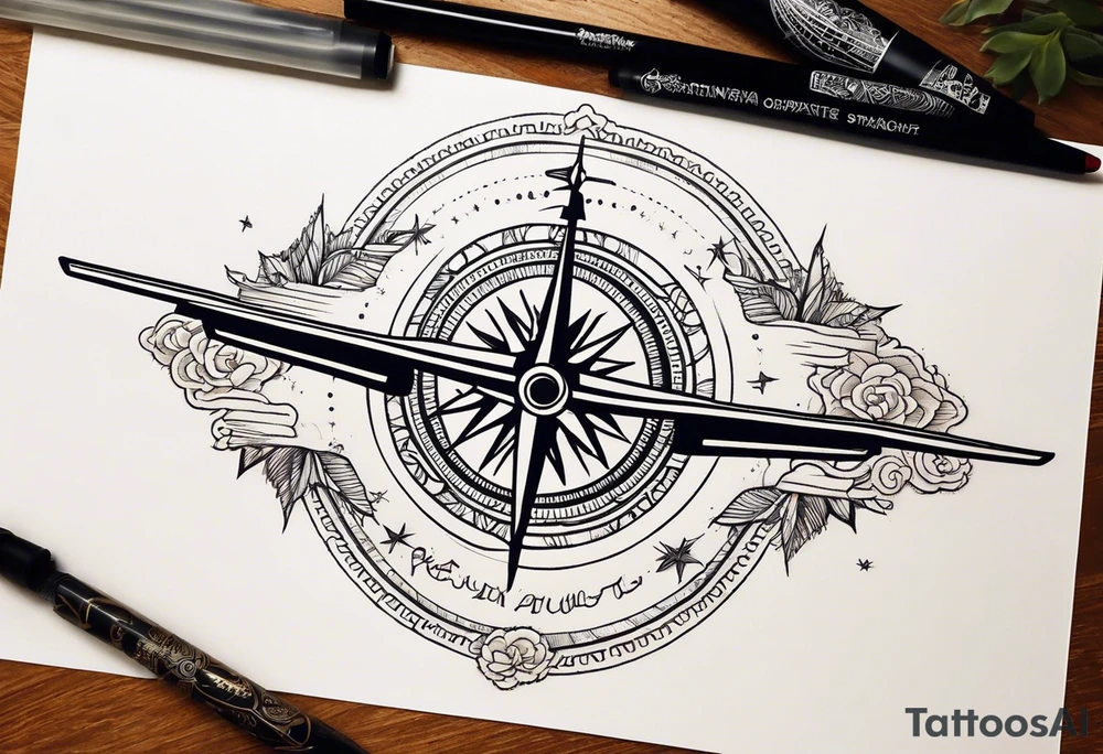 Travel themed for thigh, compass rose with tiny jet plane tattoo idea
