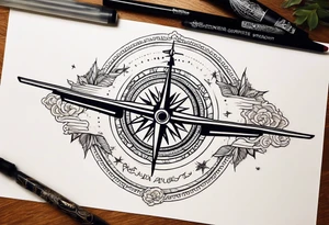 Travel themed for thigh, compass rose with tiny jet plane tattoo idea