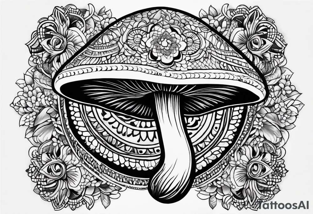 Black mushroom tattoo with henna style mandala design surrounding it tattoo idea