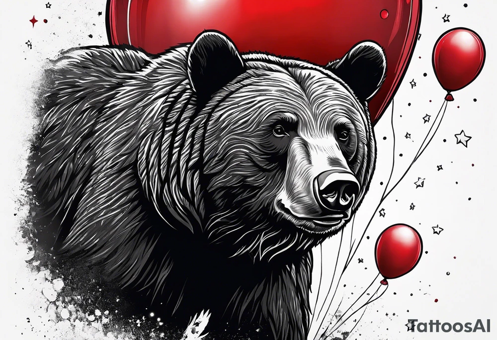 black bear protecting a headhog with a red baloon. The balloon has 5 little stars on it tattoo idea