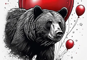 black bear protecting a headhog with a red baloon. The balloon has 5 little stars on it tattoo idea