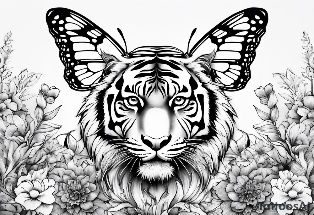 tiger, 3 buterflies, flowers tattoo idea
