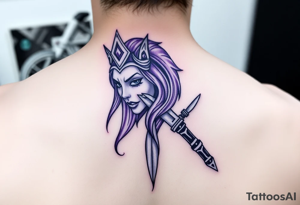 carabela con corona y con un cuchillo atrvesado, purple tattoo idea