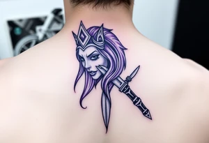 carabela con corona y con un cuchillo atrvesado, purple tattoo idea