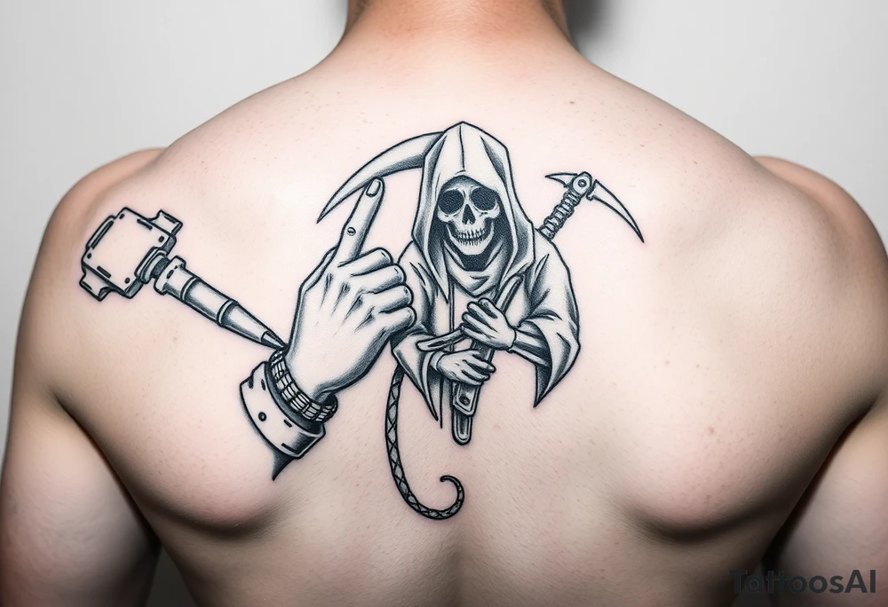 Special forces combat medic treating a soldier while he puts his middle finger up at the grim reaper tattoo idea