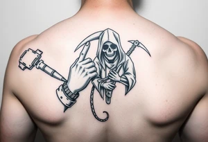 Special forces combat medic treating a soldier while he puts his middle finger up at the grim reaper tattoo idea