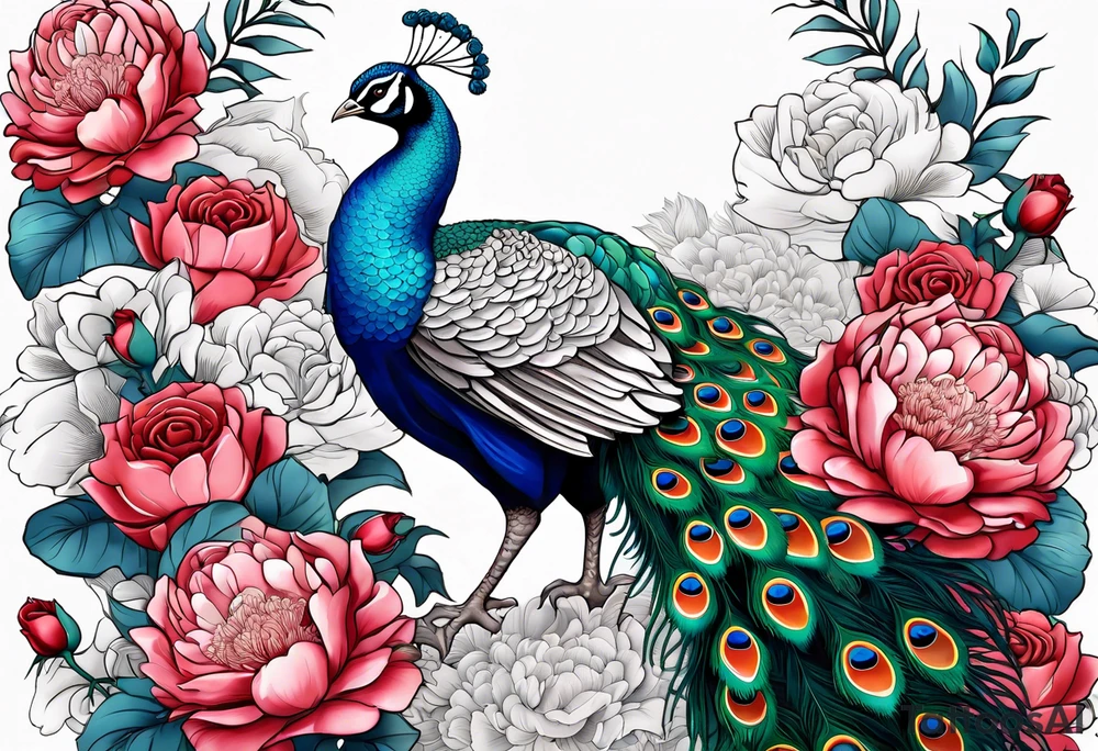 beautiful highly detailed peacock surrounded by peonies, roses. and leaves, philligry, intricate, detailed, tattoo idea