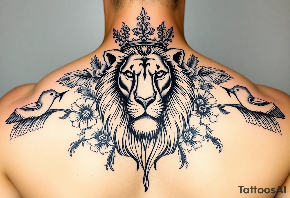 powerful majestic lion with a crown, surrounded by floral ornaments and birds tattoo idea