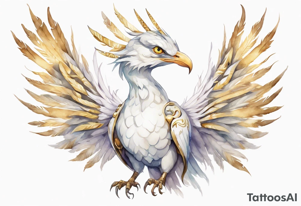 a watercolor of a white bird-serpent hybrid wearing a plain crown, with light gold wing feathers tattoo idea