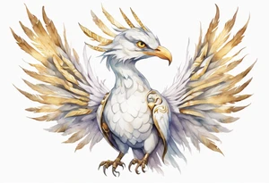 a watercolor of a white bird-serpent hybrid wearing a plain crown, with light gold wing feathers tattoo idea