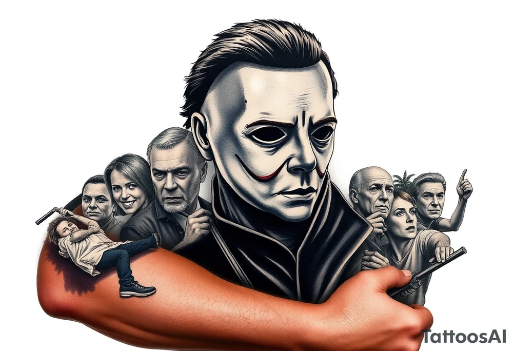 Horrormovie icon Michael Myers. Left arm. I want the other horror movie icons to be filler behind Michael Myers tattoo idea
