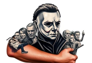 Horrormovie icon Michael Myers. Left arm. I want the other horror movie icons to be filler behind Michael Myers tattoo idea