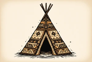 A brown and beige tipi with geometric tribal patterns along the canvas. tattoo idea