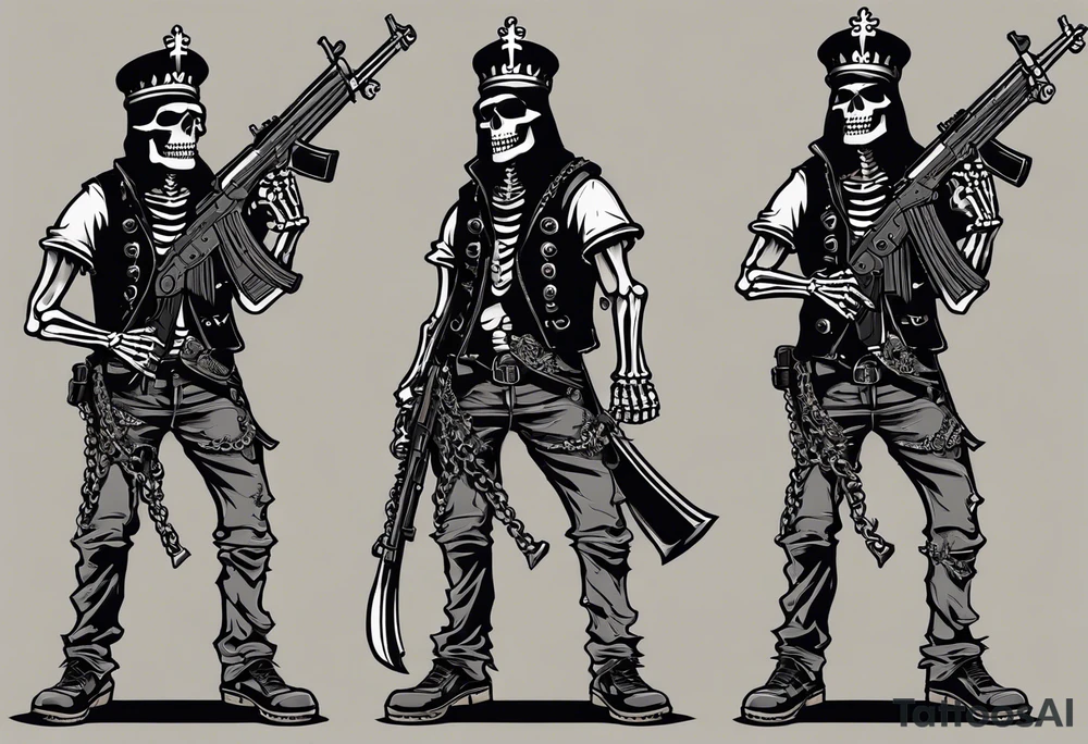 image of a skeleton standing frontally with a crown on his head, holding an AK-47 on his shoulder with his right hand. The chain on the left should be taut, there are three angry barking Dobermans in it, near the waist tattoo idea