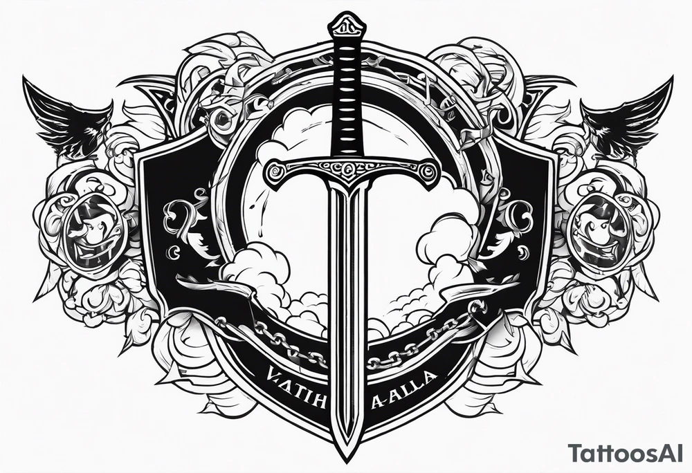 Valhalla sword fire chains shield clouds tattoo idea