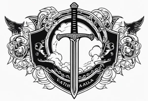 Valhalla sword  fire chains shield clouds tattoo idea
