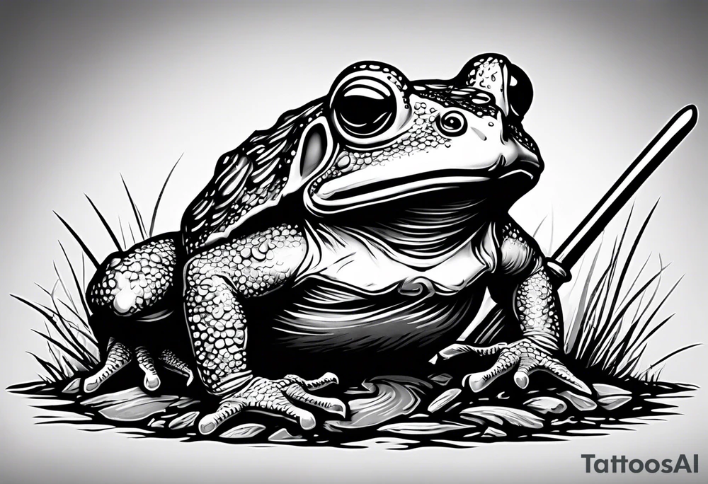 toad with sword; samurai sword Is pointing down(sword stuck in the ground) as if the toad was standing; no clothes tattoo idea