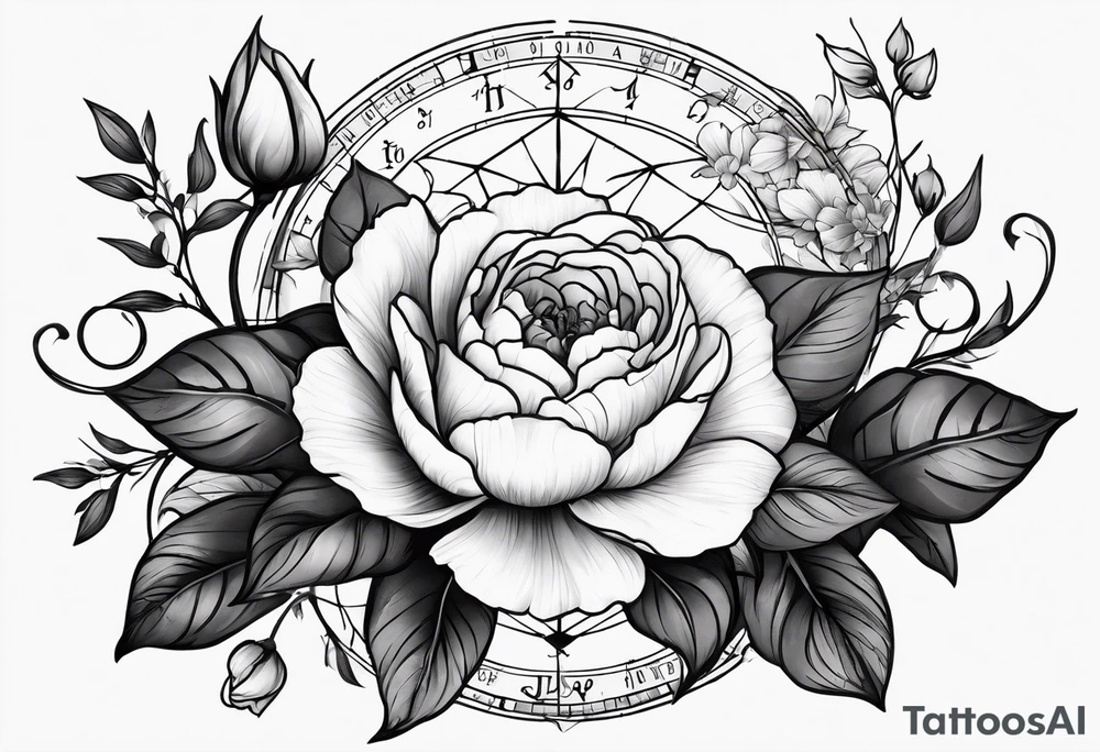 I would like a tattoo based around my My natal chart. I am a libra son, Leo Moon and Sagittarius rising. I would like to Incorporate of floral design, specifically , peonies Or roses. I also like geometric designs, and I would like to have vines included. tattoo idea