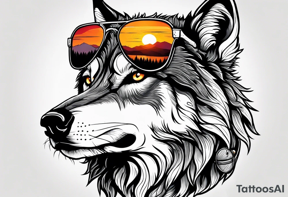 Badass wolf wearing sunglasses
Dark woods
Mountain peaks
Sunset tattoo idea