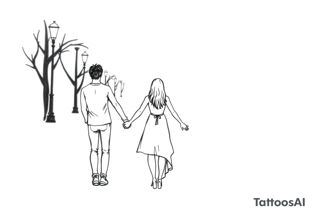Romantic date between a couple holding hands walking down a path holding hands under street lights tattoo idea