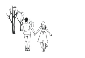 Romantic date between a couple holding hands walking down a path holding hands under street lights tattoo idea