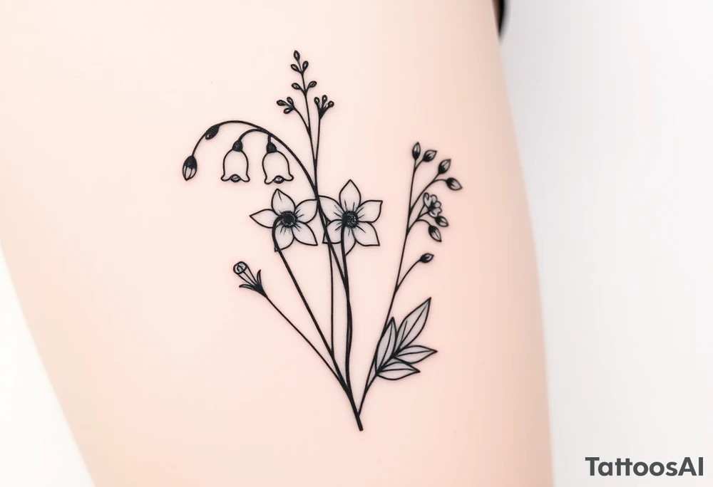 Simple small design in black bunch of flowers individual stems 1 lily of the valley 1 daffodil 1 December holly 1 larkspur tattoo idea
