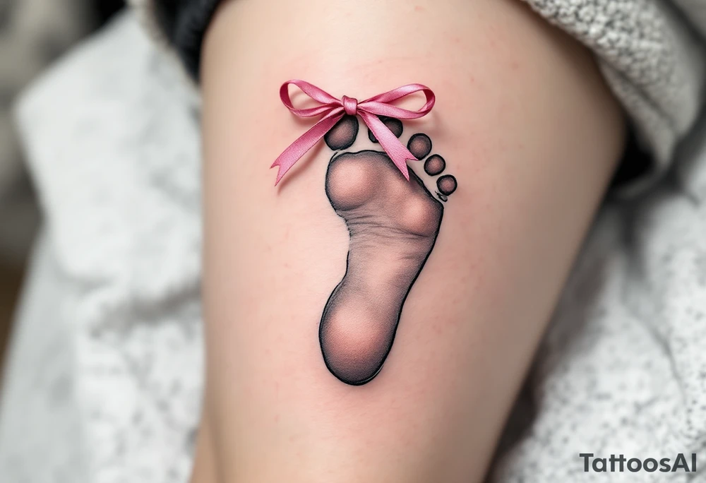 A tiny footprint in soft gray with a pink ribbon tied around it, personalized with a birthdate Lena 26. 03. 2019. tattoo idea