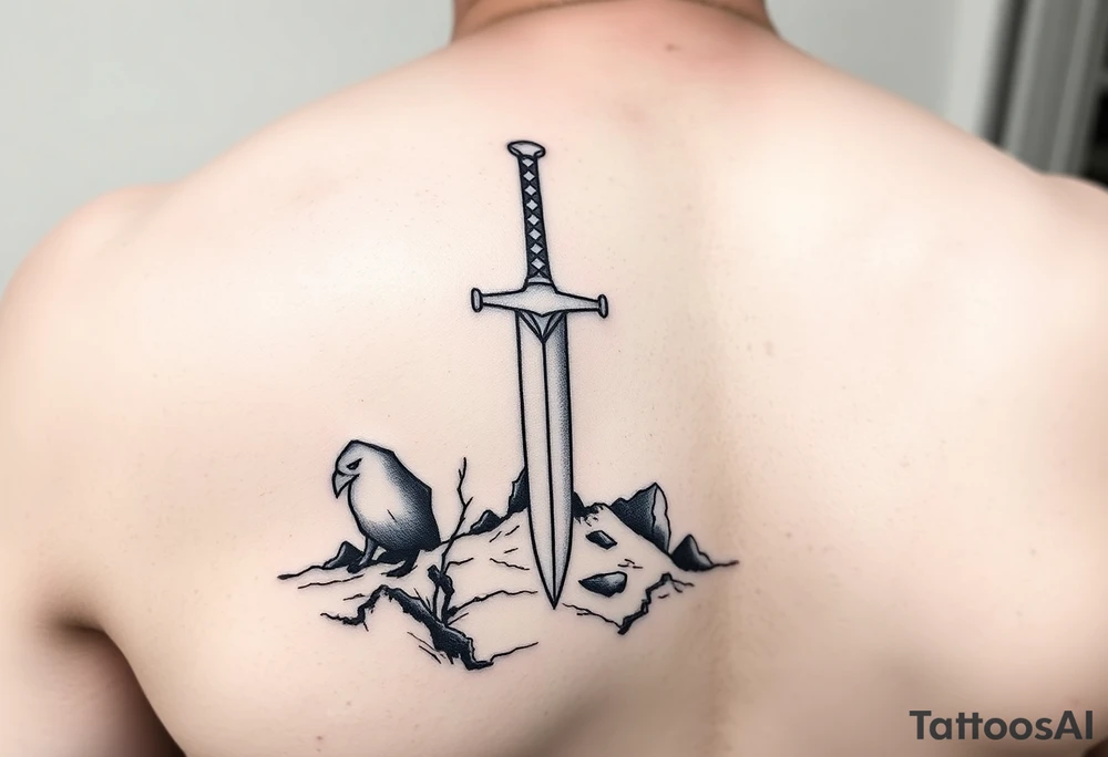 realistic sword in the ground on left arm tattoo idea