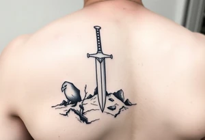 realistic sword in the ground on left arm tattoo idea