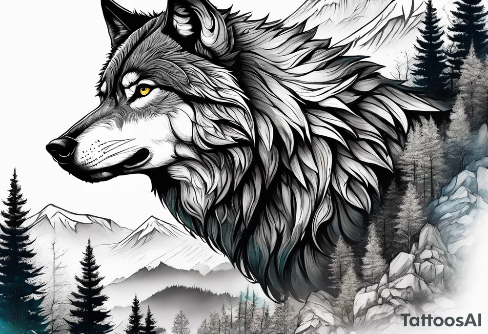 wolf mountain forest tattoo idea