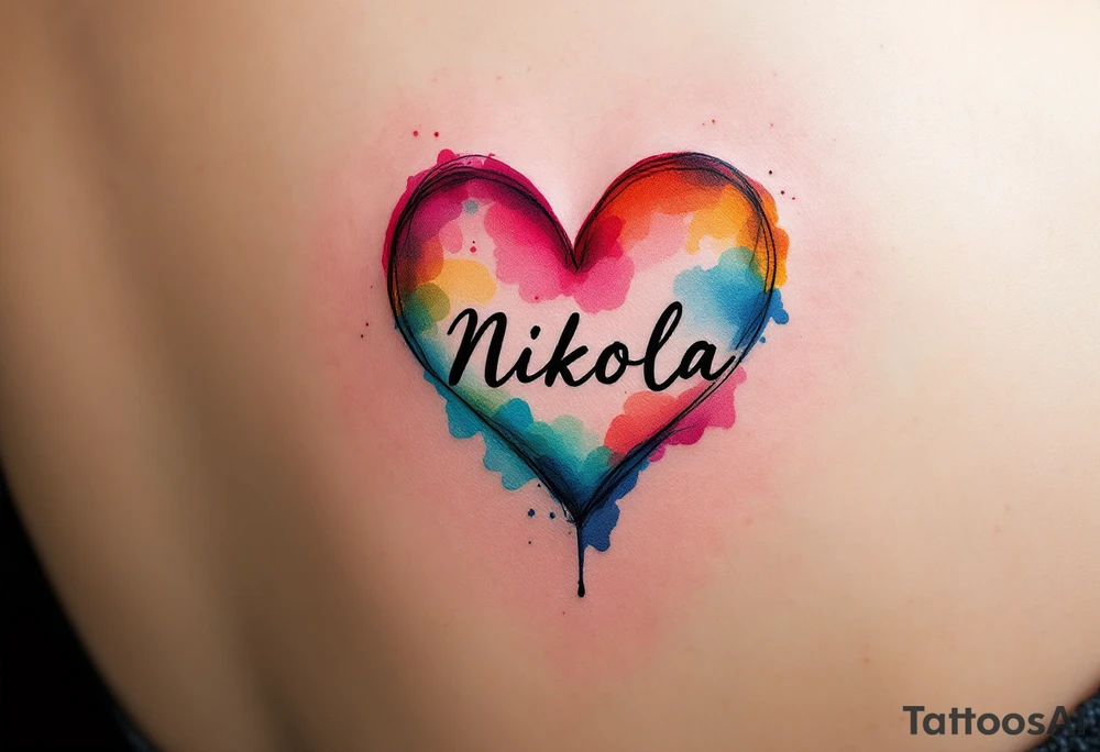 A colorful mini splashed heart, with vibrant hues of red, pink, blue, and yellow, and the name "Nikola" boldly displayed in a black modern sans-serif font. tattoo idea