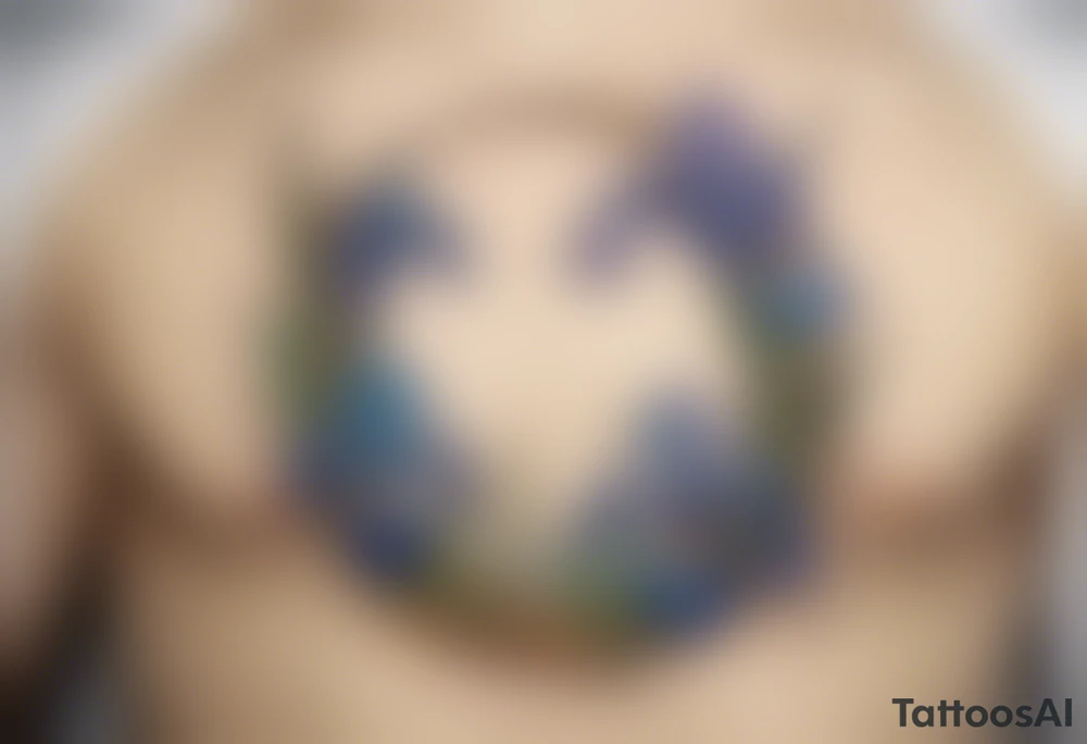 Create a small, colorful Vincent van Gogh Irises tattoo in the form of a crescent, with vines gracefully intertwining at a central point in the middle of the wreath. The intended placement is on the upper chest. The middle needs mountains. The overall design should be small in size while maintaining a delicate and artistic aesthetic. Pay attention to the graceful flow of the vines and the placement of the irises to achieve a refined and elegant look. tattoo idea