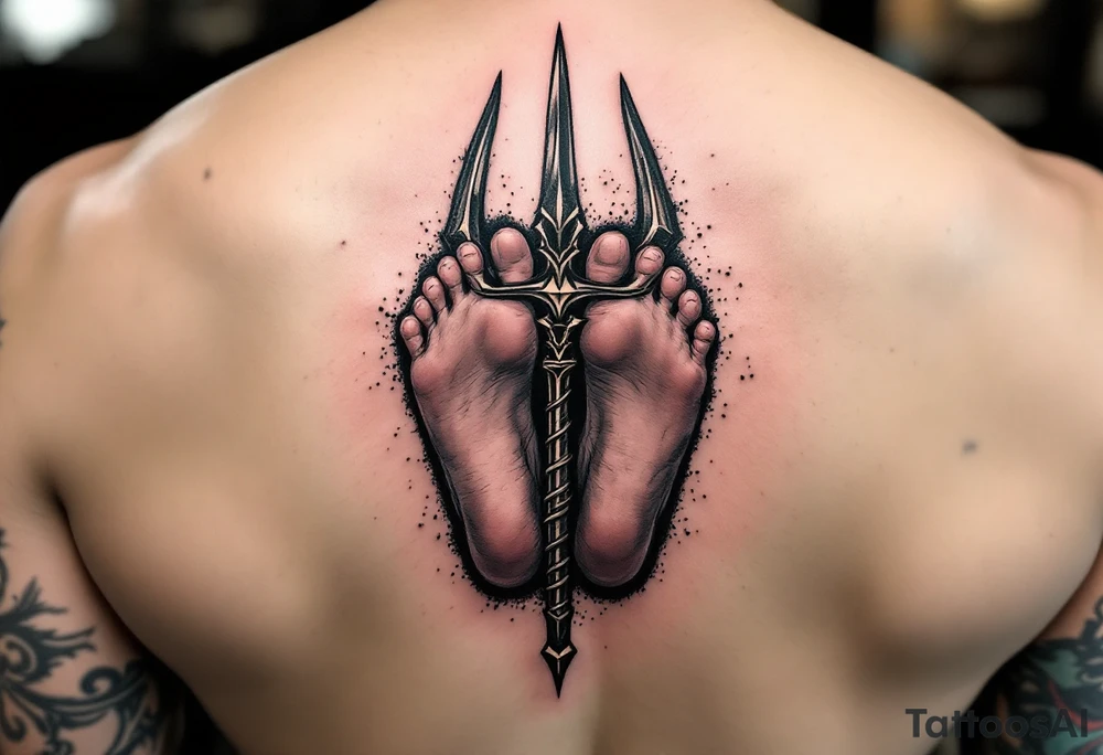 barefeet behind trident tattoo idea
