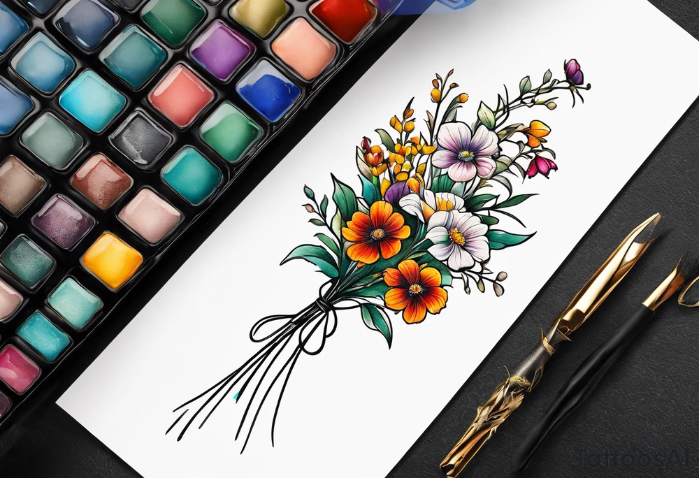 small long stem wildflower bouquet across foot tattoo idea