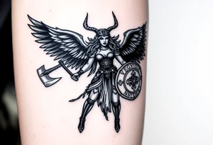 A fierce looking Valkyrie with very big dark wings. The whole body with legs should be visible. 
She's wielding a menacing axe and a sturdy shield with a vegvisir symbol. tattoo idea