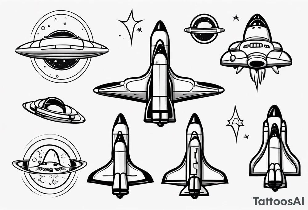 Super simple cartoon space shuttle with a round window, 3 fins, and fire coming out the bottom tattoo idea