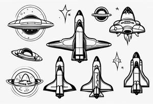 Super simple cartoon space shuttle with a round window, 3 fins, and fire coming out the bottom tattoo idea