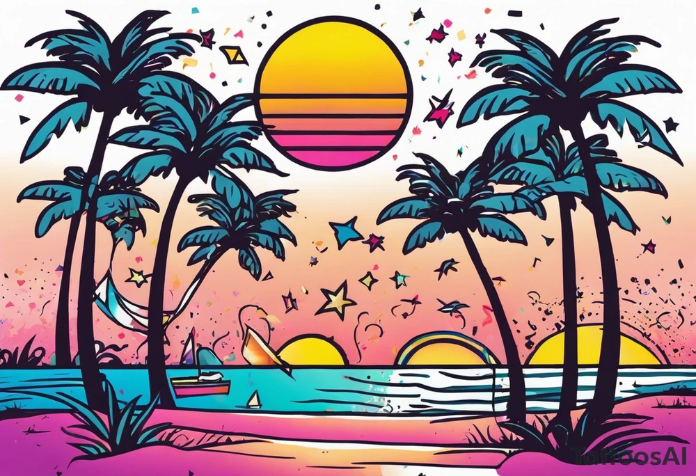 1980's miami vice style beach dance 
party, include confetti, music notes, boom box, bikinis sunset in the center tattoo idea