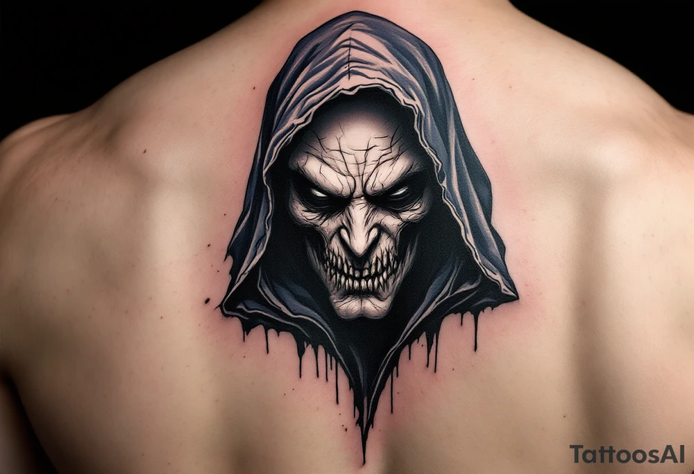 A grim face shaded in bone-white ink under a flowing midnight blue cloak. tattoo idea