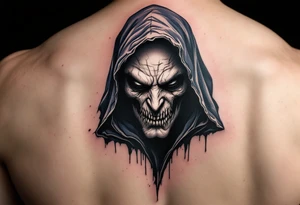 A grim face shaded in bone-white ink under a flowing midnight blue cloak. tattoo idea