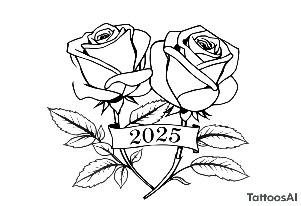 two beautiful large rose buds, one larger than the other, with many leaves next to the rose buds, with one sitting higher than the other. Include a banner connecting the two roses with the year 2025 on it.   Use dark outlines with little shading. The two stems should be short, not long, and connect and join into one stem, whimsically curved or twisted - not straight down. tattoo idea