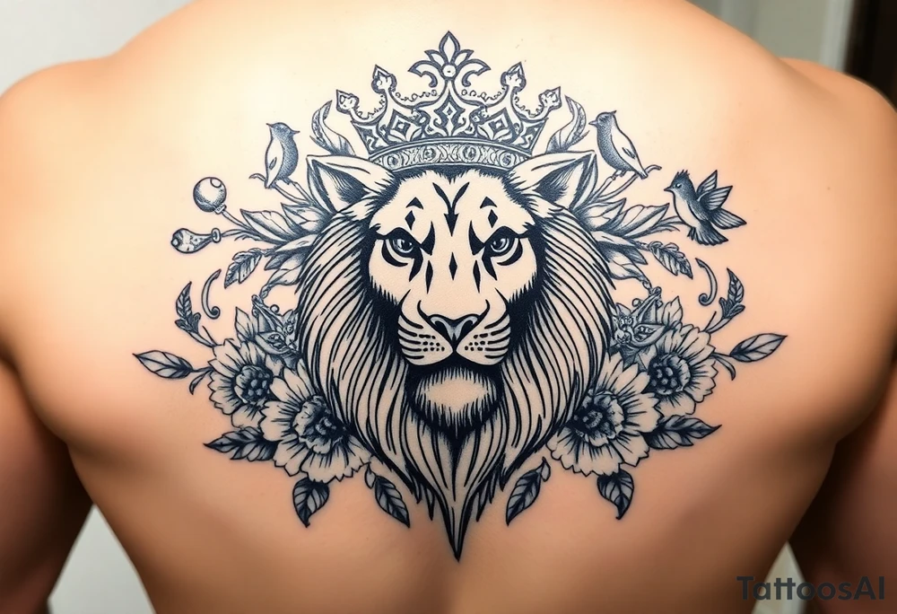 powerful majestic lion with a crown, surrounded by floral ornaments and birds tattoo idea