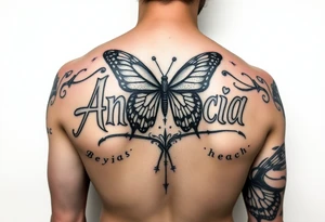 Anastacia in old English mixed with graffiti needs a butterfly or two long beach California vibes as a sleeve tattoo idea