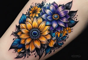 Blue yellow and purple sunfloflowers arm sleeve tattoo idea