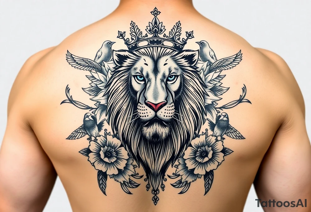 powerful majestic lion with a crown, surrounded by floral ornaments and birds tattoo idea